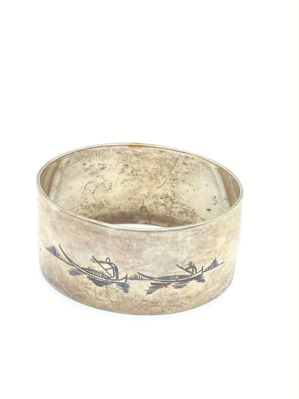Vintage Iraqi Silver Niello Napkin Rings Set of 4 Double Scenic Middle Eastern